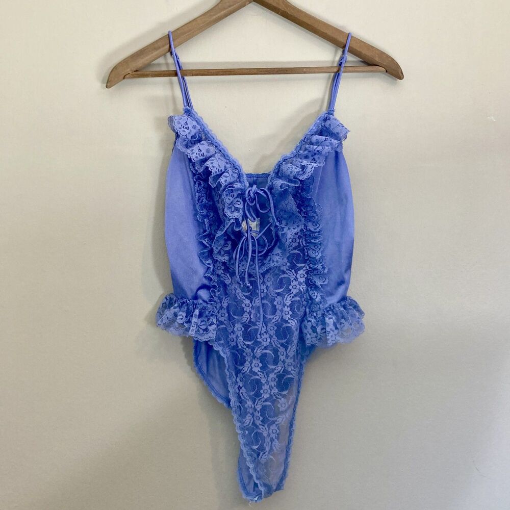 Vintage Lingere Delicates Lavender 80s Teddy Lacy Leotard Nightie Womens M
